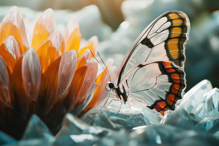 A delicate butterfly sits gracefully on a bright flower surrounded by sparkling crystals in the sunlight.の写真素材