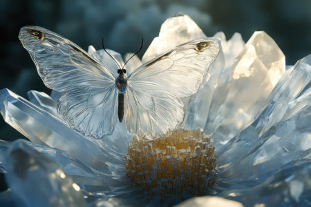 A delicate butterfly rests on a shimmering crystal flower, creating a magical atmosphere in serene surroundings.の写真素材