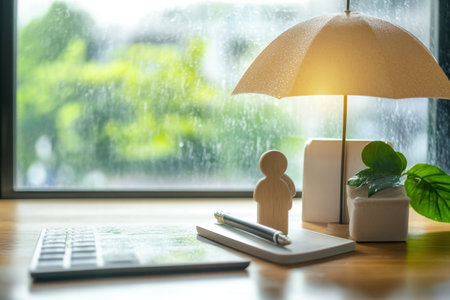A wooden figure stands next to a lamp under an umbrella while greenery is visible through the window.の写真素材