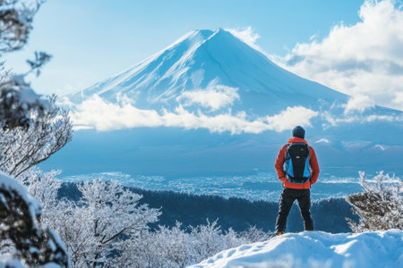 Hiker in red stands on snowy terrain, admiring a majestic snow-capped mountain under a clear blue sky.の写真素材