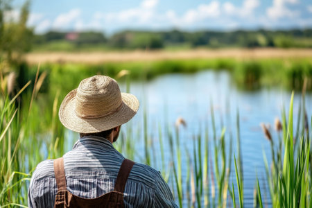 A man in a straw hat enjoys a peaceful moment by a pond surrounded by tall grass and serene nature.の写真素材