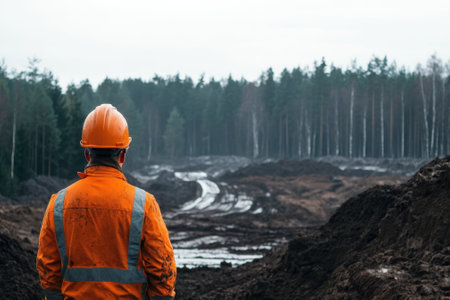 A worker in an orange jacket and helmet examines a construction area adjacent to a dense forest.の写真素材