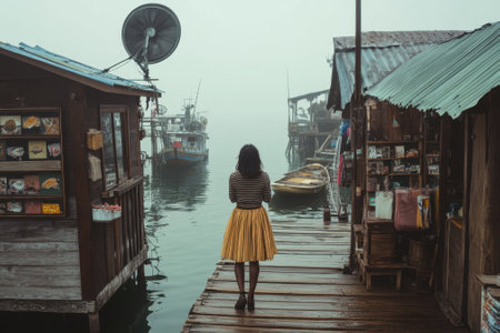 A woman in a yellow skirt stands on a dock surrounded by fog, observing the boats and village shacks.の写真素材