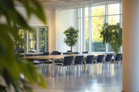 Spacious meeting room featuring a long wooden table, chairs, and lush plants by large windowsの写真素材