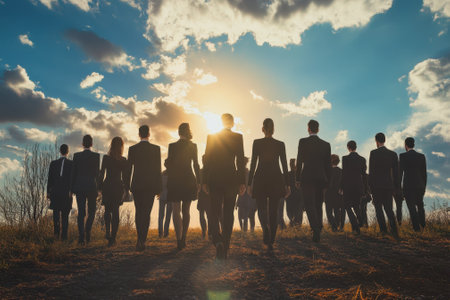 A group of individuals in formal attire walks toward the setting sun, silhouetted against a dramatic sky.の写真素材