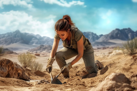 A woman crouches down, digging in sandy terrain under a bright blue sky, surrounded by mountains.の素材