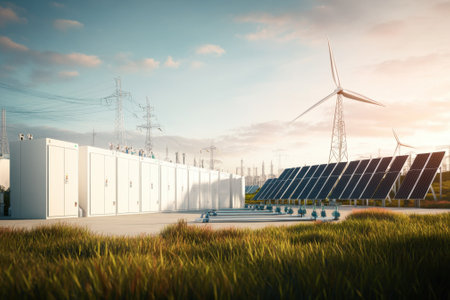 Renewable energy facility features solar panels and wind turbines, highlighting sustainable technology advancements.の写真素材