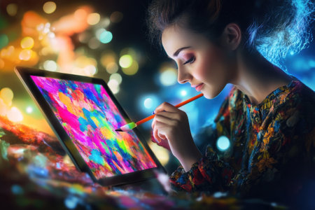 A focused artist is painting a bright and colorful digital artwork on a tablet in a dimly lit studio.の写真素材