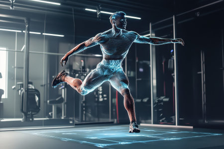A male athlete is executing an impressive leap in a modern gym, showing strength and agility.の写真素材