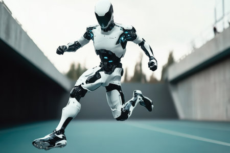 A sleek robot showcases impressive agility by jumping over a track in a modern athletic facility.の写真素材