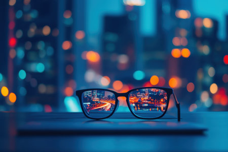 Glasses rest on a table, reflecting the bright lights and bustling streets of a city at night.の写真素材