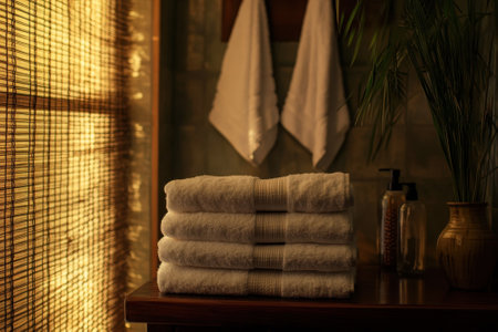 Soft towels are neatly arranged on a table next to soothing elements, creating a calming spa ambiance.の写真素材