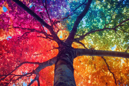 A majestic tree shows a stunning blend of rainbow colors in its leaves, showing autumn beauty and brightness.の写真素材