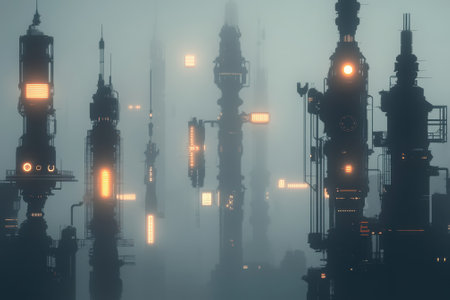 Tall, illuminated structures rise in dense fog, creating a mysterious atmosphere during twilight.の写真素材