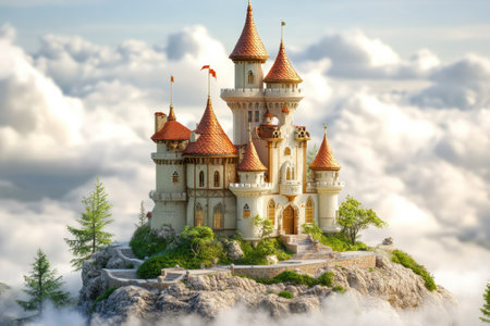 A fairy tale castle stands on a rocky outcrop, surrounded by fluffy clouds and blue skies at a serene moment.の写真素材