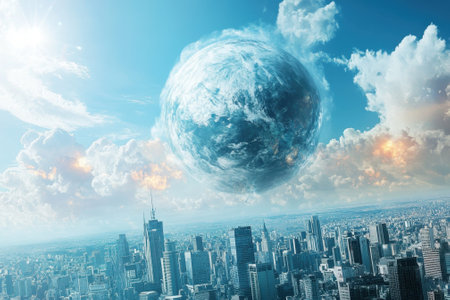 A magical planet floats above a vibrant city, wrapped in clouds and sunlight, evoking a dreamy vibe.の写真素材