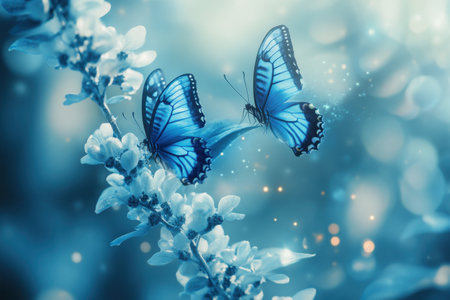 Two stunning blue butterflies flutter among soft white flowers in a tranquil garden, creating a peaceful ambiance.の写真素材