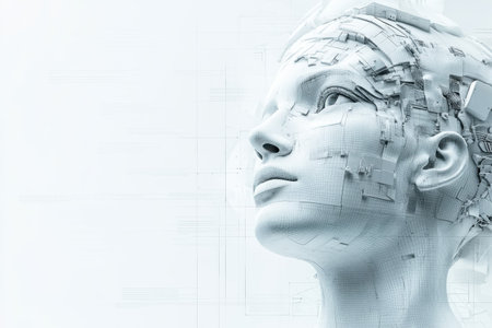 A humanoid figure composed of intricate digital components gazes upward in a minimalistic environment.の写真素材