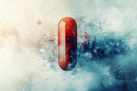 A striking red capsule is suspended amidst a swirling mix of vibrant colors, evoking imagination and creativity.の写真素材