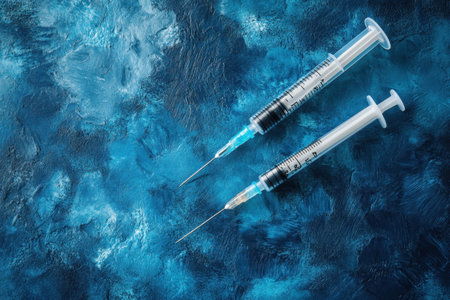 Syringes filled with liquid are placed on a vibrant blue surface, prepared for medical use.の写真素材