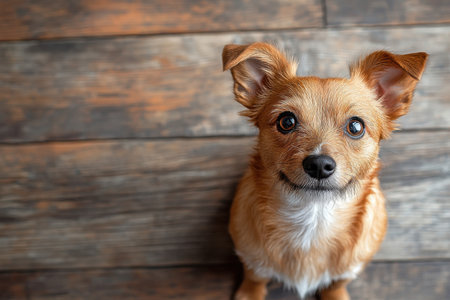 A small, fluffy dog displays a curious look while sitting on a rustic wooden floor, engaging the viewer.の写真素材