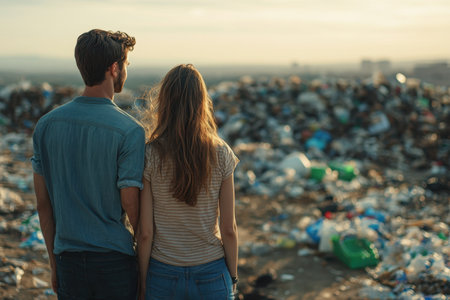 A couple holds hands while gazing at a sprawling landfill filled with trash at sunset.の写真素材