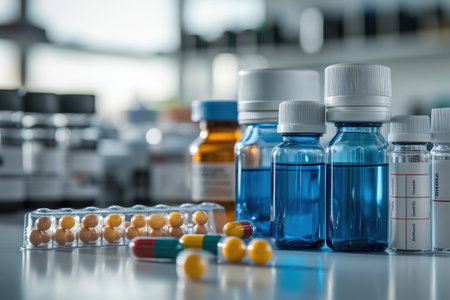 Colorful capsules and bottles of medication are neatly arranged on a laboratory table in bright light.の写真素材