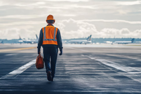 A construction worker in a helmet and vest walks down an airport runway, bag in hand, near parked planes.の写真素材