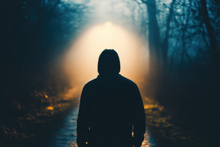 A cloaked person faces a soft light emanating from deep within the foggy woods at dusk.の写真素材