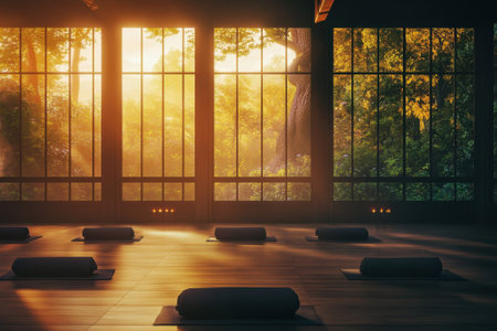 Bright yoga studio filled with sunlight, featuring mats and bolsters arranged for a serene practice.の写真素材