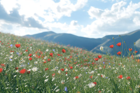 Colorful wildflowers populate a lush green meadow with rolling mountains in the background under a blue sky.の写真素材