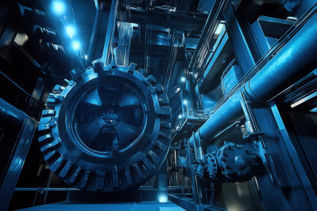 High-tech machinery features large gears and pipes illuminated by vivid blue lights in a modern setting.の写真素材
