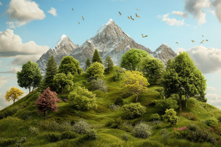 Vibrant green hills are surrounded by tall mountains and a blue sky with fluffy clouds, creating a peaceful setting.の写真素材