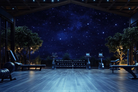 A serene gym interior features exercise equipment against a stunning starry night backdrop.の写真素材