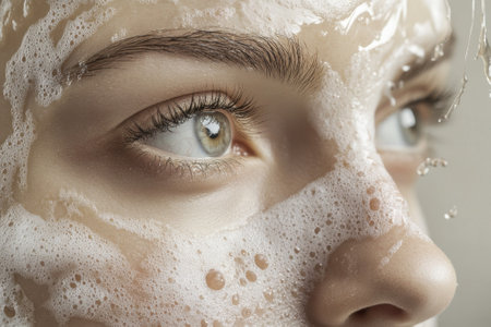Person's face shows bubble foam from a cleanser, focusing on clear eyes and textured skin during skincare.の写真素材