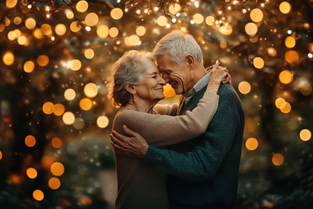 An elderly couple enjoys a tender moment together, surrounded by soft glowing lights in a romantic outdoor location.の写真素材