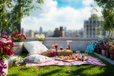A relaxing picnic is arranged on a rooftop with blankets, snacks, and drinks surrounded by blooming flowers.の写真素材