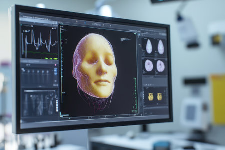 A lifelike 3D rendering of a human skull appears on a computer screen.の写真素材