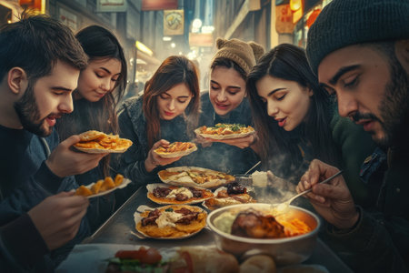Six friends gather around a table to savor various mouthwatering street food dishes at night.の写真素材