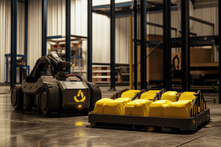 A robot moves yellow package pallets in a spacious warehouse during daytime operations.の写真素材