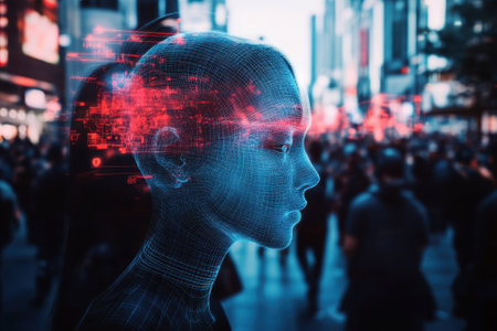 A digital human silhouette overlays a bustling city street filled with people during the evening.の写真素材