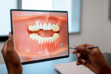 A person examines detailed dental anatomy on a digital tablet in a contemporary clinic environment.の写真素材