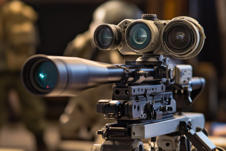 A sniper rifle equipped with multiple high-tech scopes is showcased in a tactical setting during training.の写真素材
