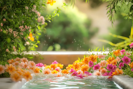 Colorful blossoms cascade near a tranquil water feature, creating a serene atmosphere in the garden.の写真素材