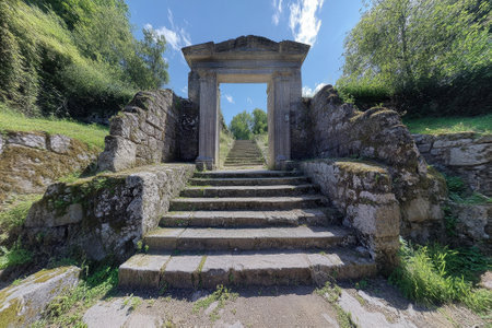 Overgrown steps and a historic stone archway dominate the landscape under a clear blue sky.の写真素材