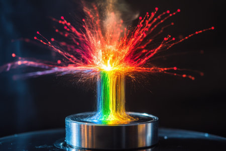A vibrant fountain of colored liquid bursts upward from a metal base, creating a striking visual effect.の写真素材