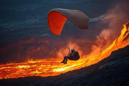 Adventurer paraglides above vibrant lava flow, surrounded by volcanic landscape at dusk.の写真素材