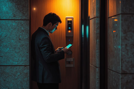 A man dressed in a suit stands in a hotel elevator, focused on his smartphone under warm lighting.の写真素材