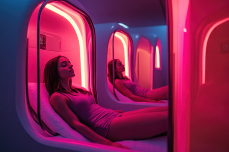 A woman enjoys a moment of relaxation in a sleek pod with vibrant pink and blue lights, promoting well-being.の写真素材