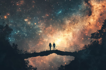 A couple stands hand in hand on a bridge, admiring a vast, starry cosmic landscape illuminated by vibrant colors.の写真素材